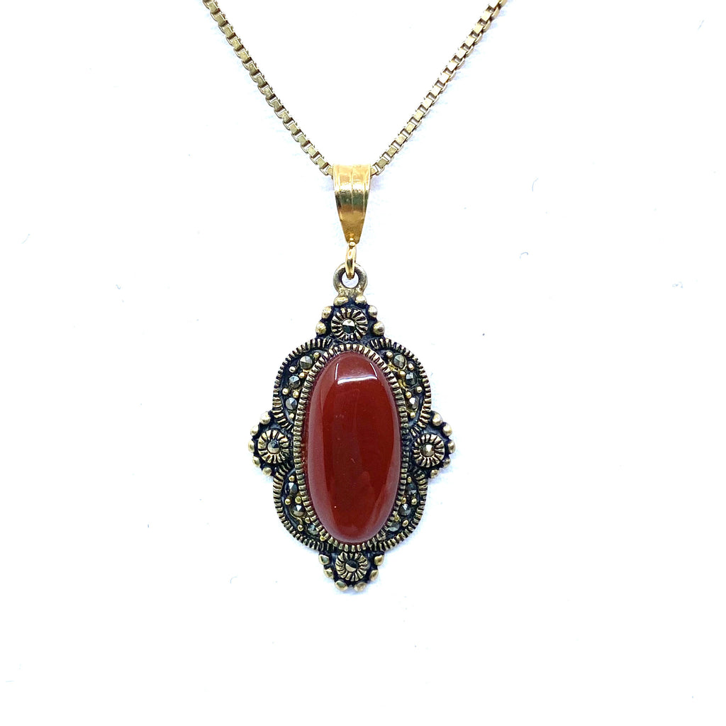 Vintage Carnelian Gold Marcasite Petite Pendant Necklace