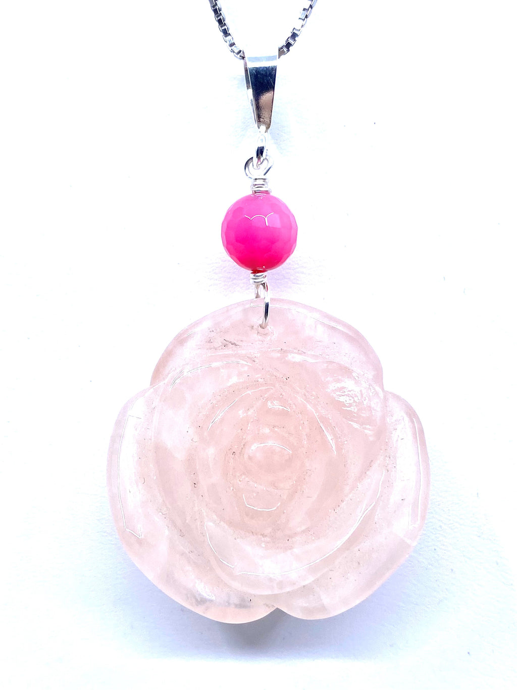 Gorgeous Carved Rose Quartz Sterling Silver Rose Pendant