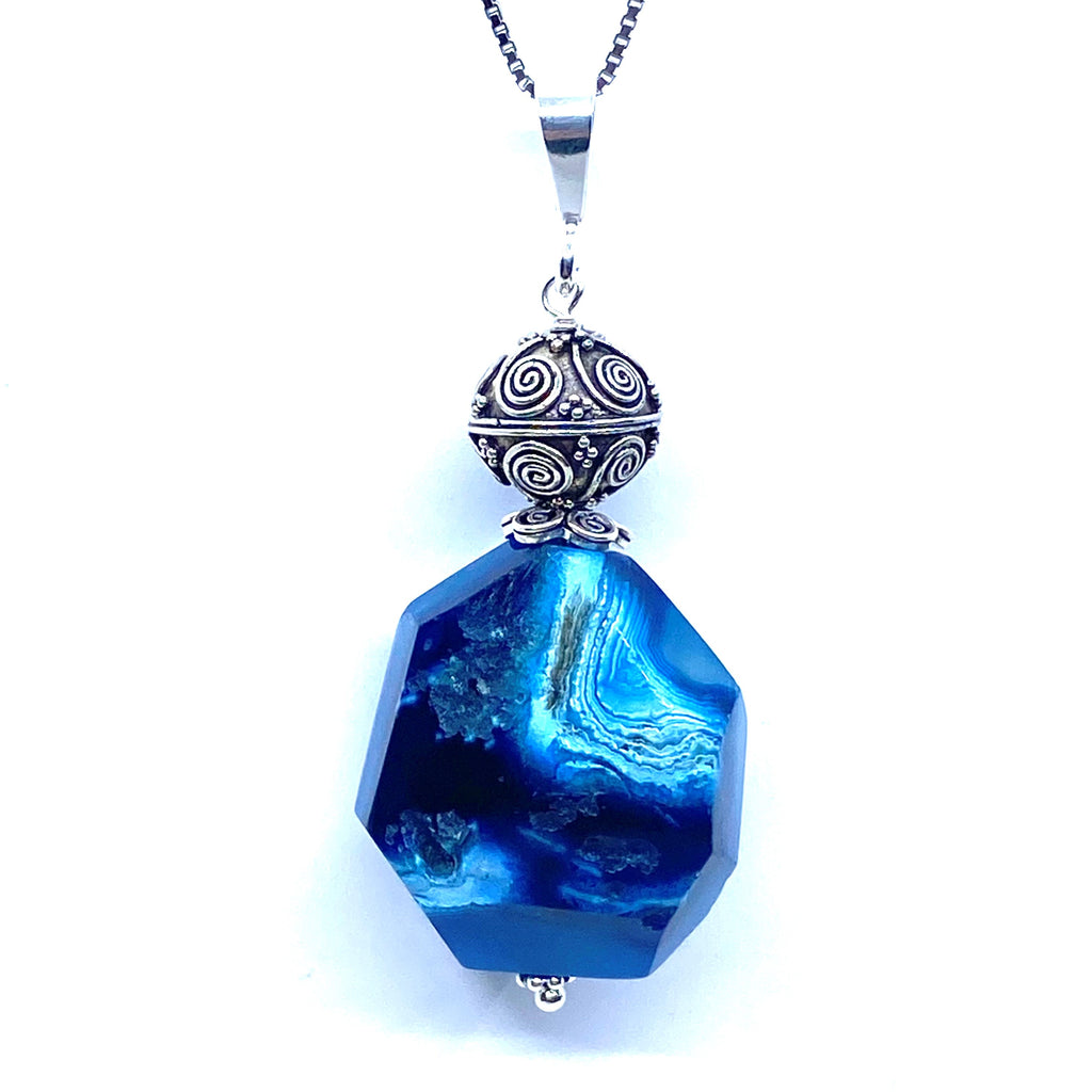 Crystalized Vibrant Blue Agate Sterling Silver Statement Pendant