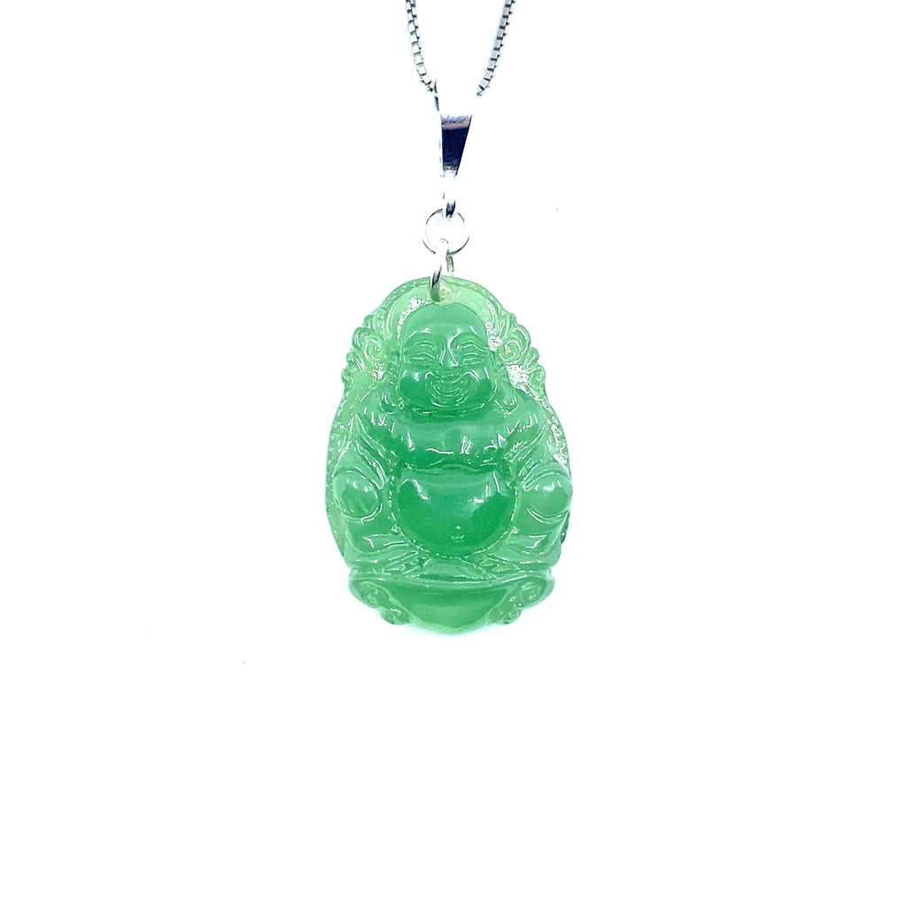 Stunning Hand Carved Jade Buddha Sterling Silver Pendant Necklace