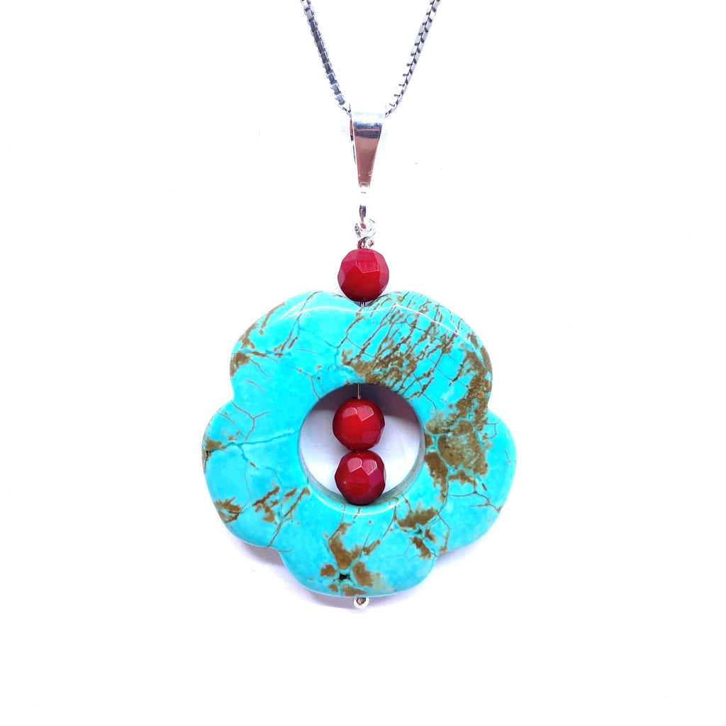 Darling Chalk Turquoise and Coral Single Flower Pendant