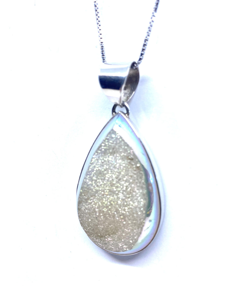 Luminous Icy White Drusy Sterling Silver Statement Pendant