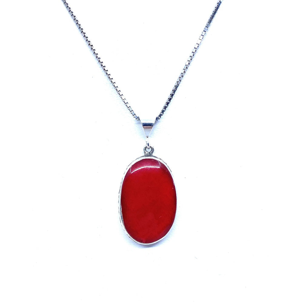 Vibrant Red Coral Sterling Silver Pendant Necklace