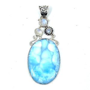 Gorgeous Larimar & Moonstone Sterling Silver Statement Pendant