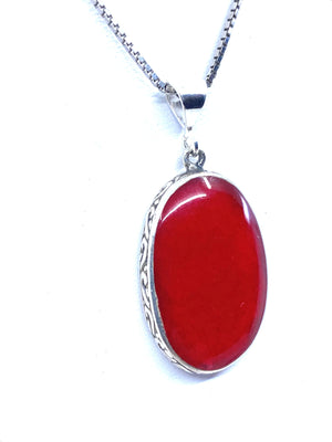 Vibrant Red Coral Sterling Silver Pendant Necklace