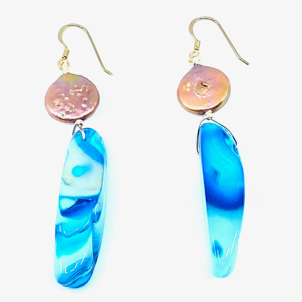Dramatic Blue Agate & Bronze Coin Pearl Gold Filled Statement Earrings