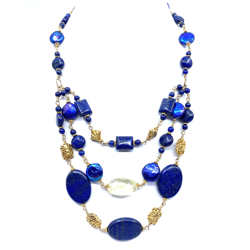 Stunning Lapis, Blue Coin Pearls, Lemon Quartz Layered Statement Necklace