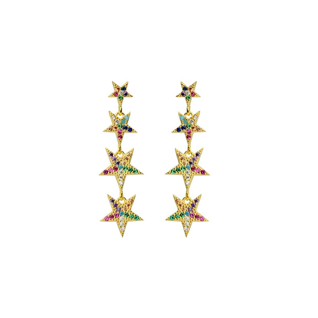 Falling Star Rainbow Colorful Pave Crystals Gold Plated Sterling Silver Earrings