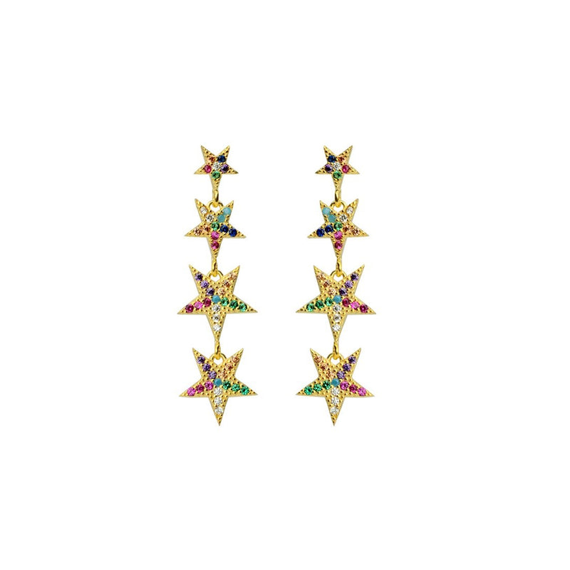 Falling Star Rainbow Colorful Pave Crystals Gold Plated Sterling Silver Earrings