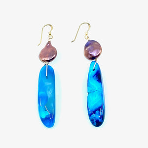 Gorgeous Blue Agate Bronze Coin Pearl Gold filled Hook Statement Earrings