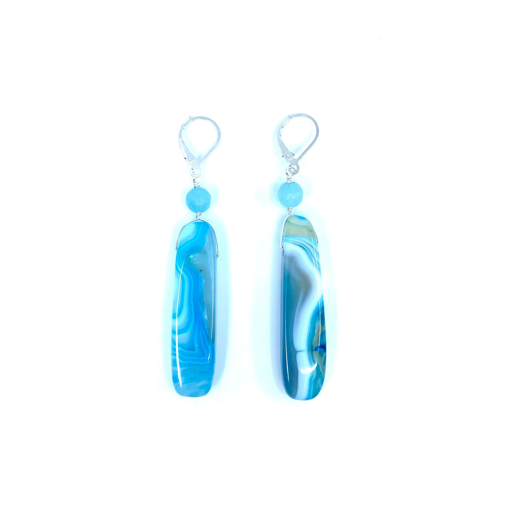 Gorgeous Long Blue Agate Sterling Silver Statement Earrings