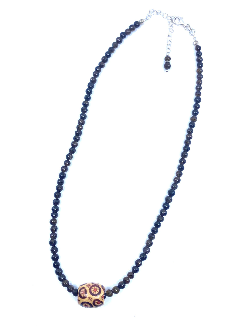 Lovely Smoky Quartz Beaded Necklace with Painted Wooden Pendant