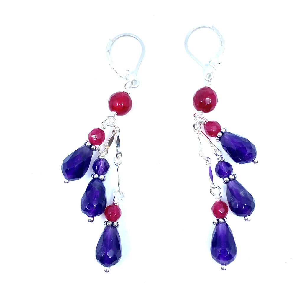 Beautiful Jewel Tone Amethyst Ruby Quartz Sterling Silver Earrings