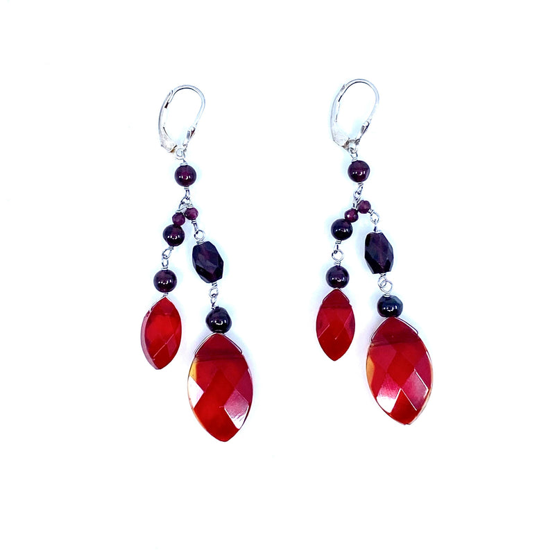 Red Garnet and Faceted Ruby Crystal Glass Sterling Silver Earrings