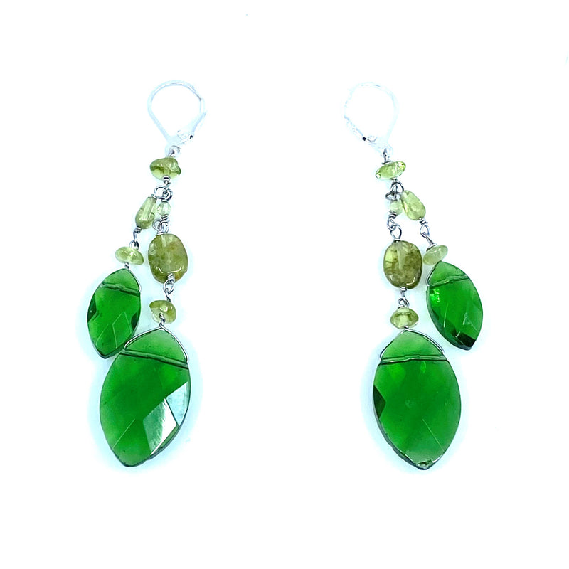 Festive Peridot and Faceted Emerald Green Crystal Glass Sterling Silver Earrings