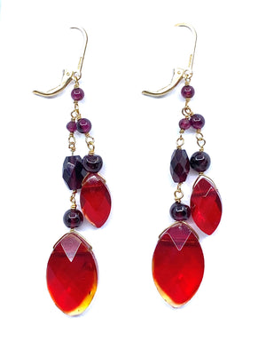 Garnet and Red-Hot  Faceted Crystal Glass Sterling Silver Earrings