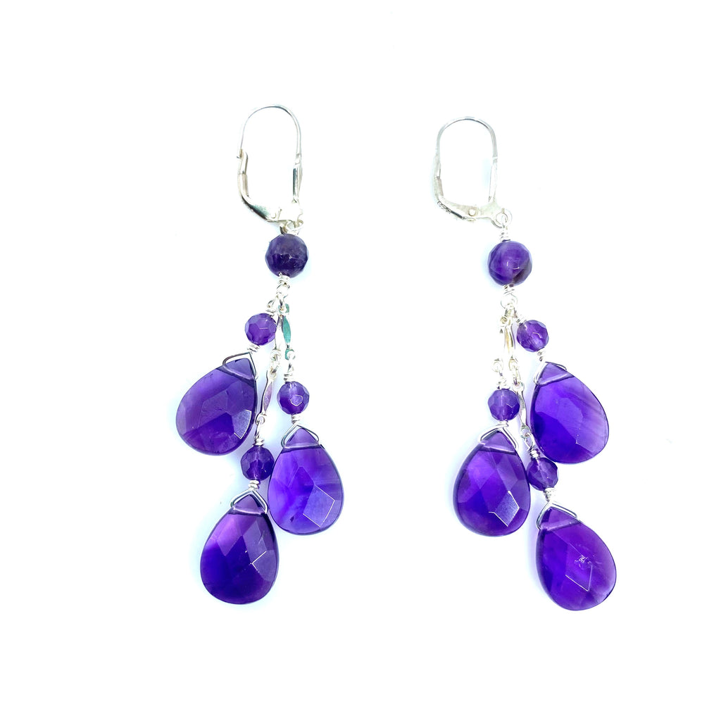 Beautiful Amethyst Dangle Sterling Silver Lever-Back Statement Earrings
