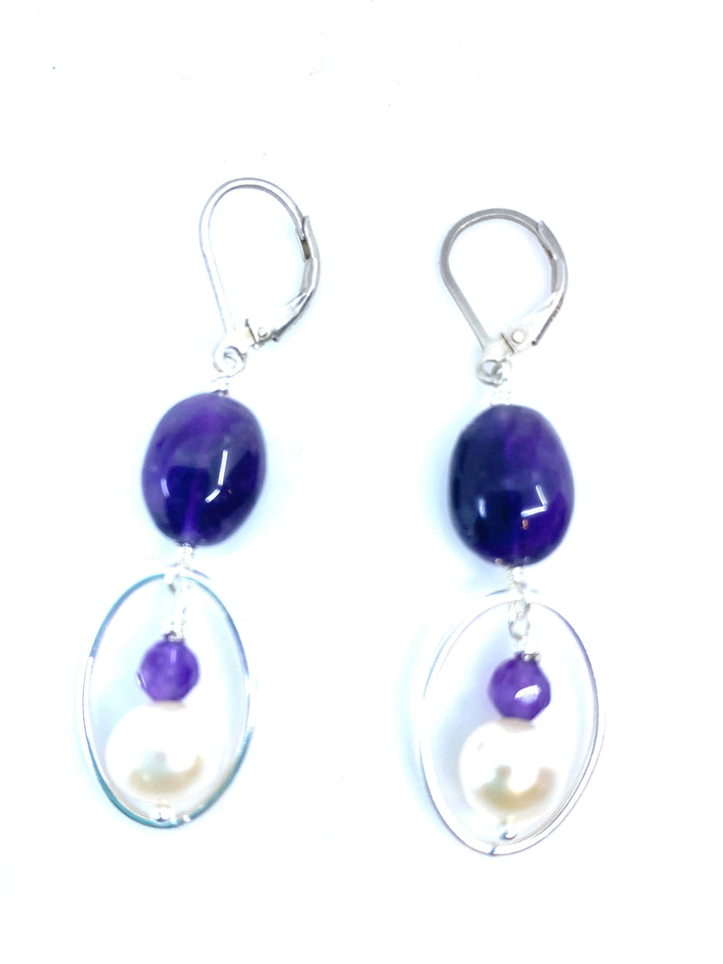 Gorgeous Amethyst & Fresh Water Pearl Sterling Silver Earrings