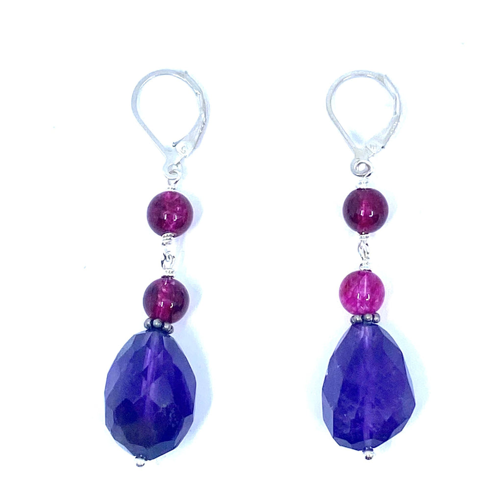 Beautiful Amethyst with Rose Tourmaline Glass Sterling Silver Earrings