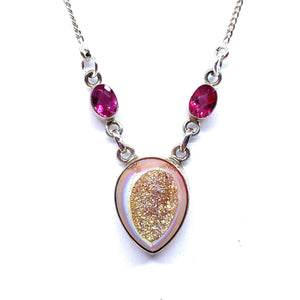 Beautiful Pink Drusy Tourmaline Sterling Silver Necklace