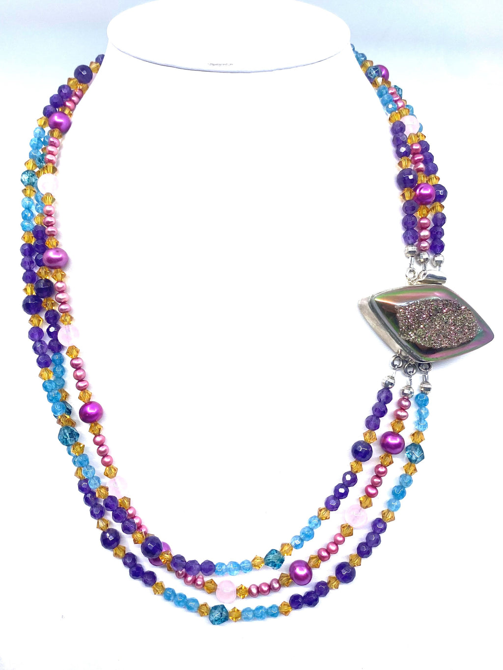 Gorgeous Layered Gemstone Drusy Sterling Silver Statement Necklace