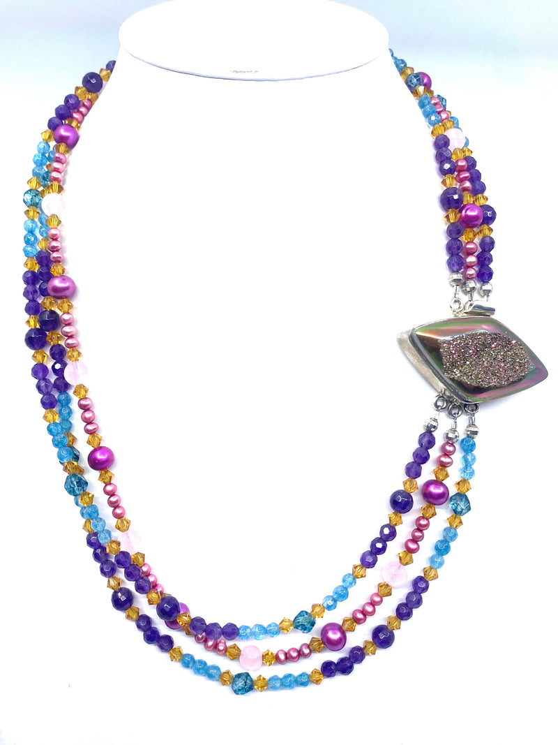 Gorgeous Layered Gemstone Drusy Sterling Silver Statement Necklace