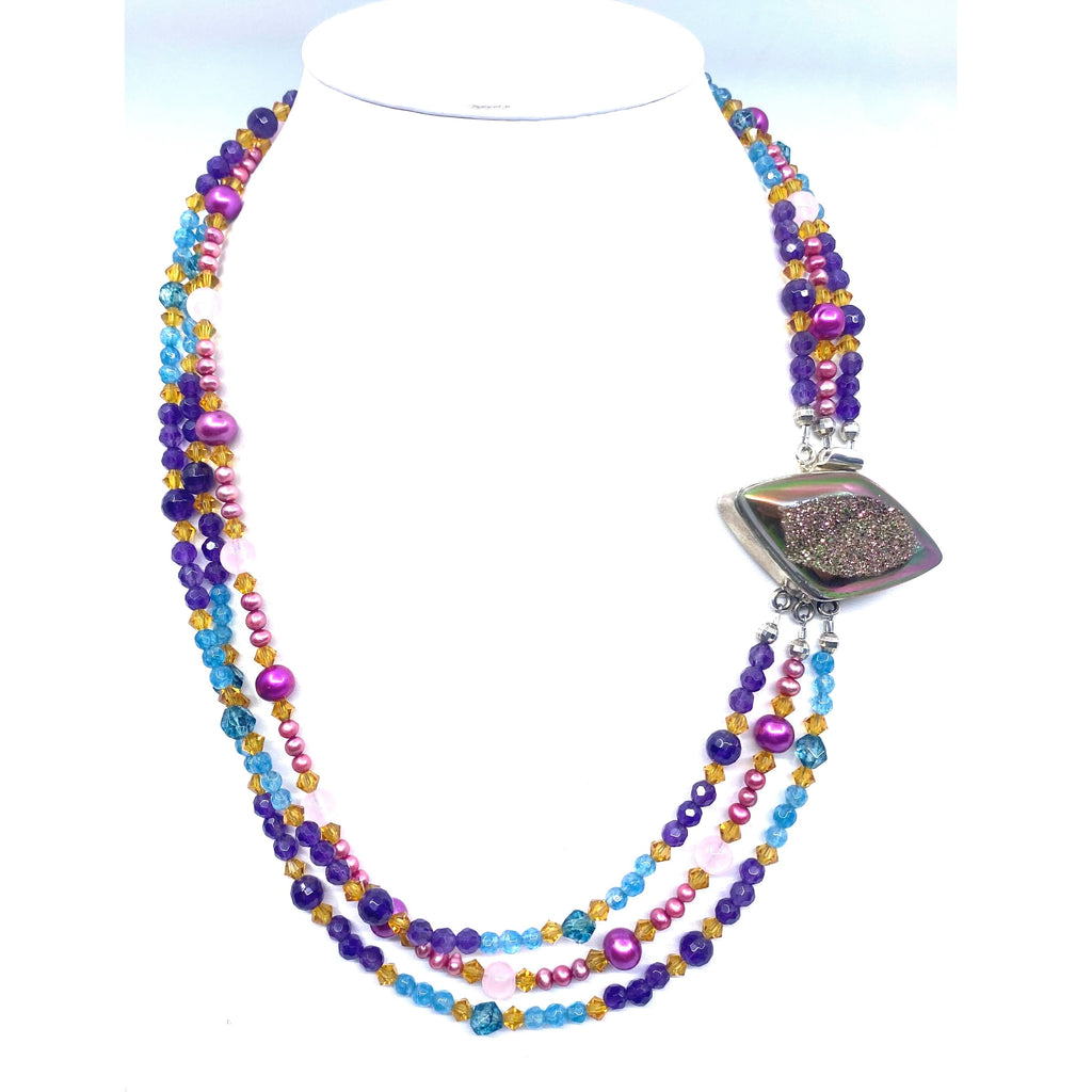 Gorgeous Layered Gemstone Drusy Sterling Silver Statement Necklace