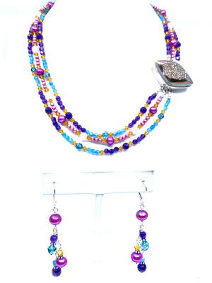 Gorgeous Layered Gemstone Drusy Sterling Silver Statement Necklace