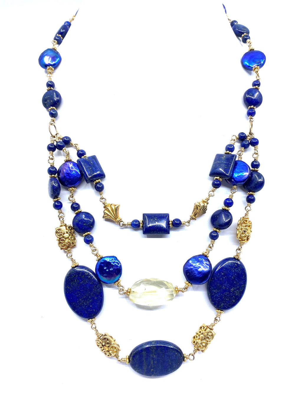 Stunning Lapis, Blue Coin Pearls, Lemon Quartz Layered Statement Necklace