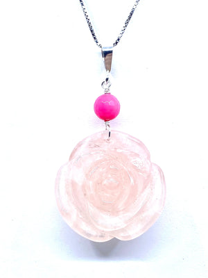 Gorgeous Carved Rose Quartz Sterling Silver Rose Pendant