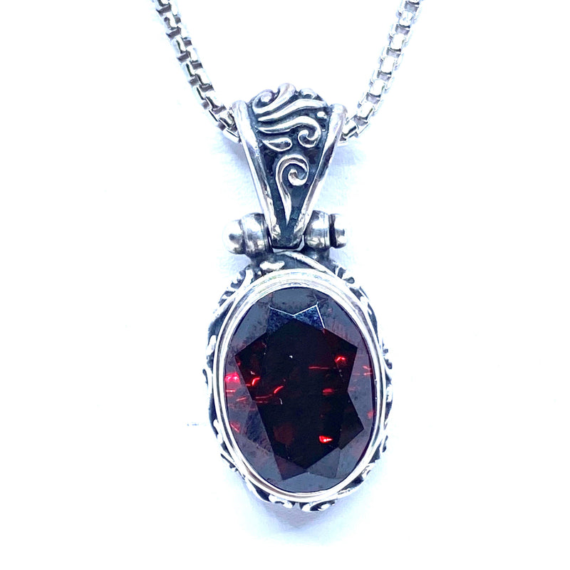 Brilliant Large Red Faceted CZ Sterling Silver Balinese Stone Statement Pendant
