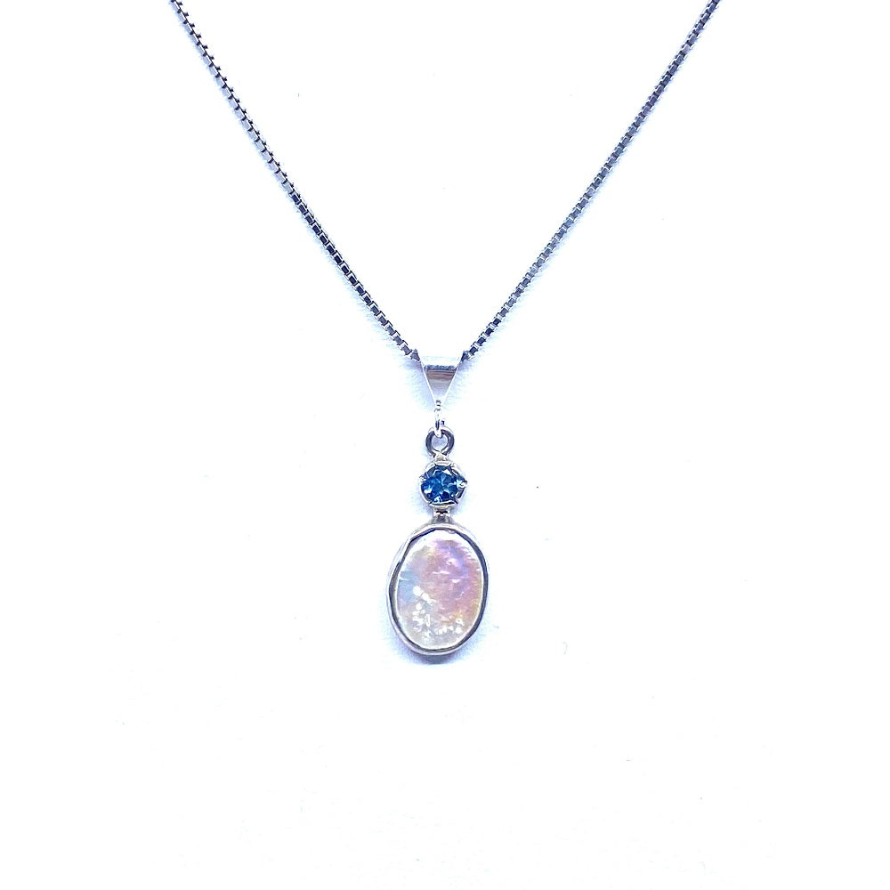 Lovely White Mother of Pearl & Blue Topaz Petite Sterling Silver Pendant Necklace