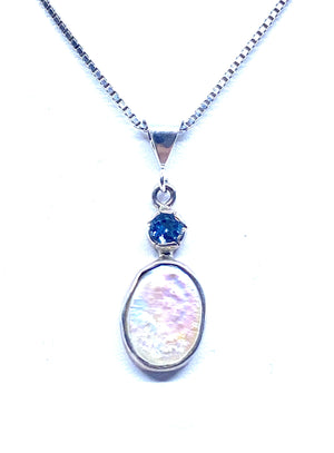 Lovely White Mother of Pearl & Blue Topaz Petite Sterling Silver Pendant Necklace