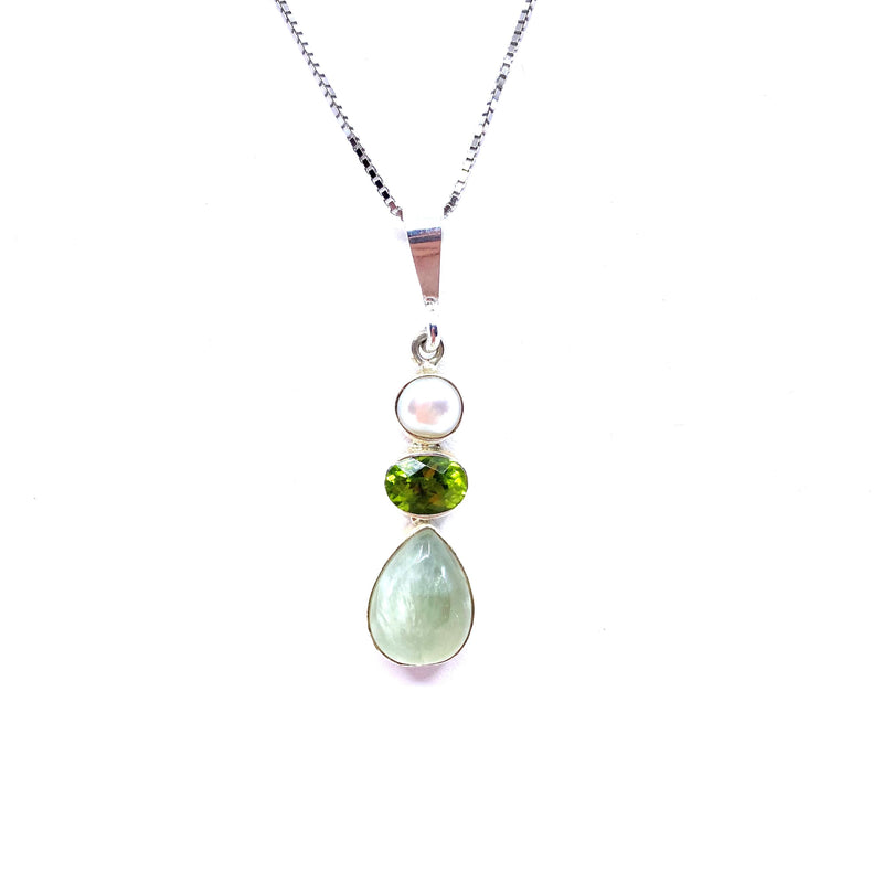 Beautiful Green Prehnite, Peridot and Pearl Sterling Silver Pendant