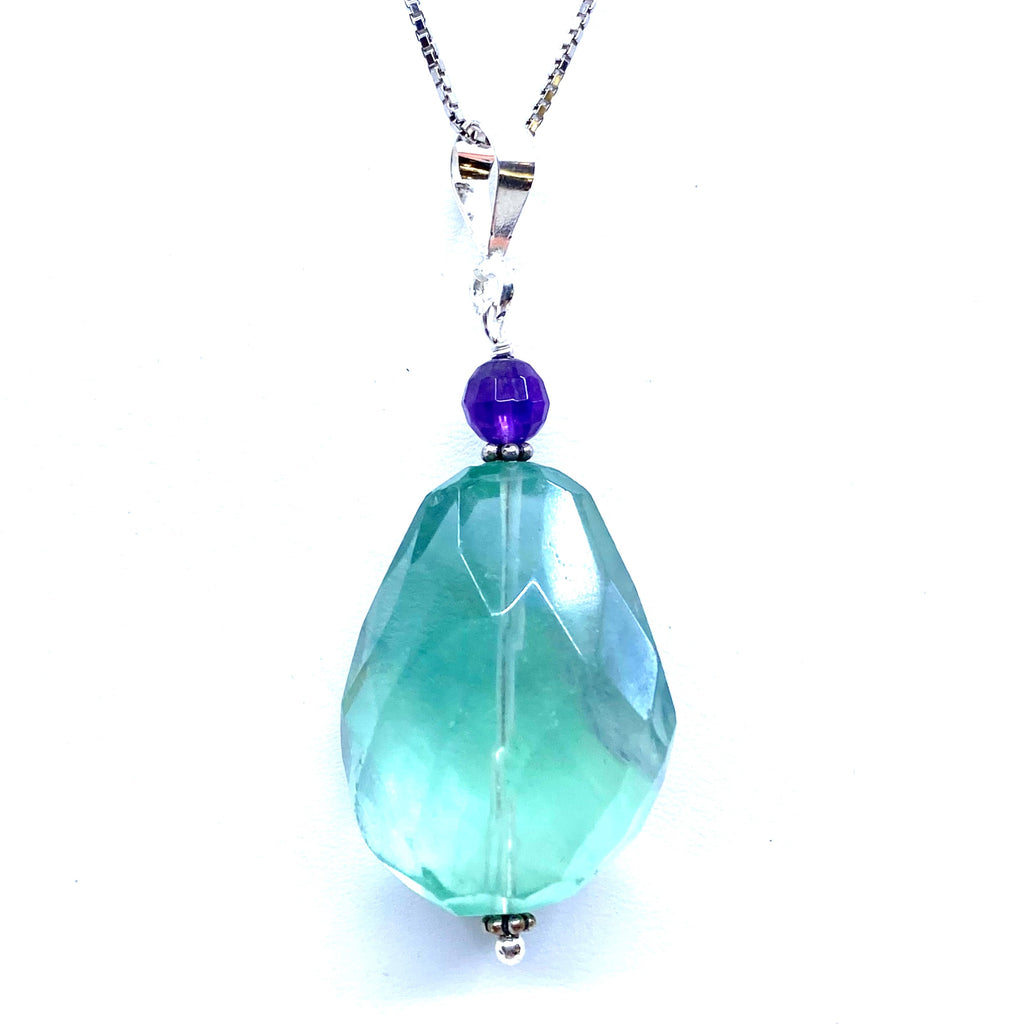 Faceted Fluorite Very Large Teardrop Sterling Silver Statement Pendant