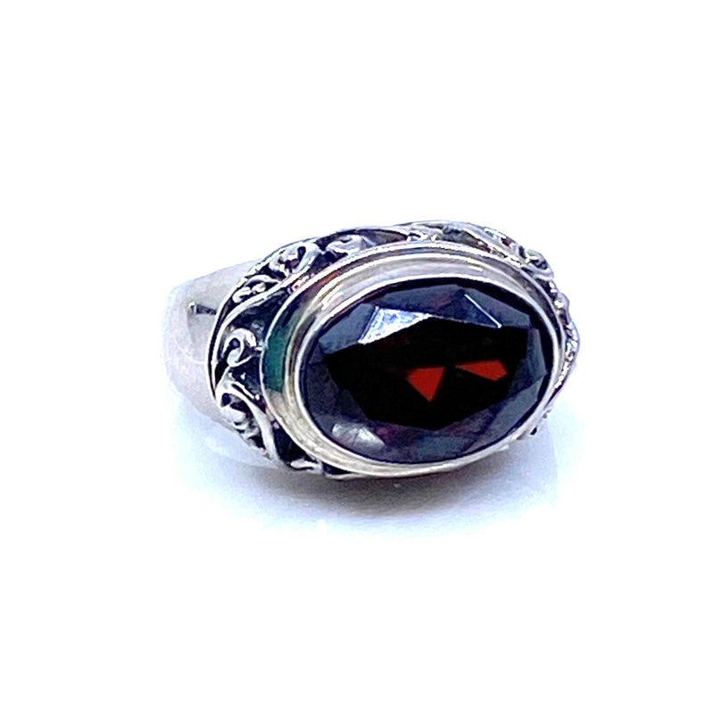 Brilliant Large Red Faceted CZ Sterling Silver Balinese Stone Statement Ring