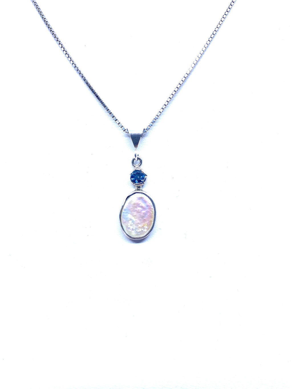 Lovely White Mother of Pearl & Blue Topaz Petite Sterling Silver Pendant Necklace