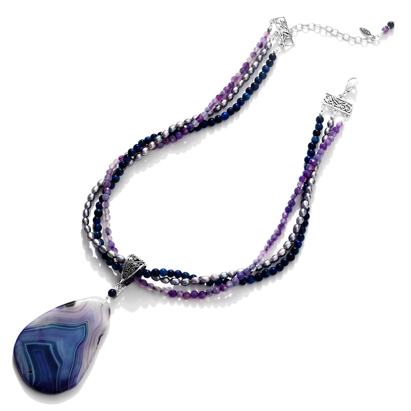 Lovely Multiple Strand River Blue & Lavender Sterling Silver Statement Necklace