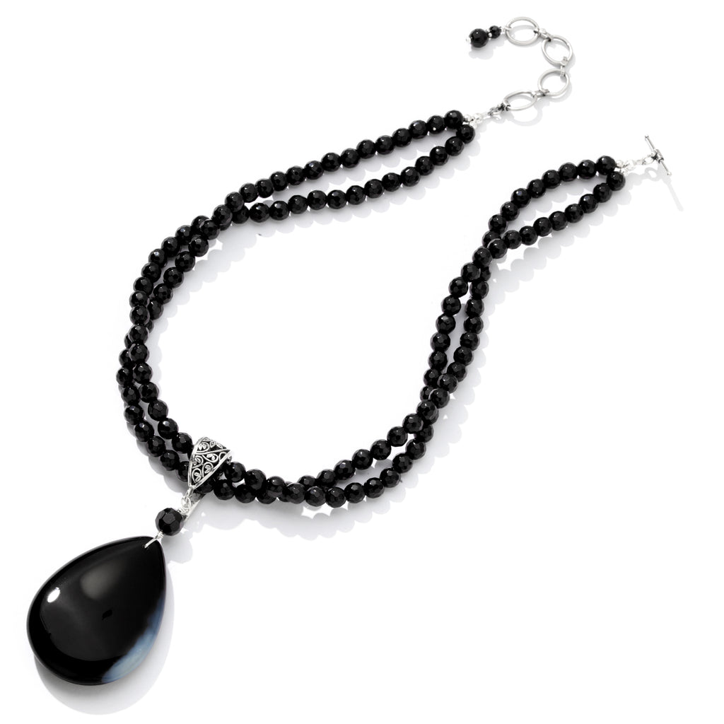 Magnificent Black Banded Agate Stone on Faceted Black Onyx Double Strand Beaded Necklace
