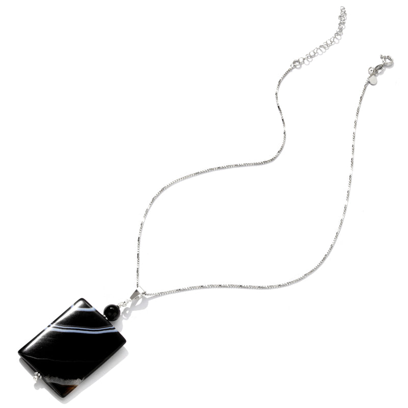 Natural Black Onyx Banded Agate with White Strips Sterling Silver Necklace