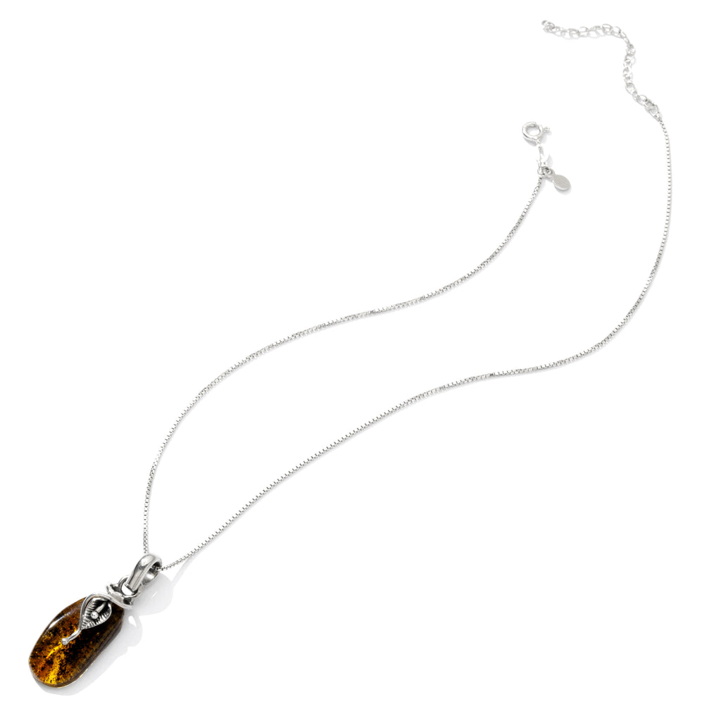 A Silver Leaf on Cognac Amber Sterling Silver Necklace