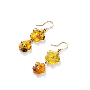 Polish Designer Beautiful Carved Amber Flower Gold Filled Earrings