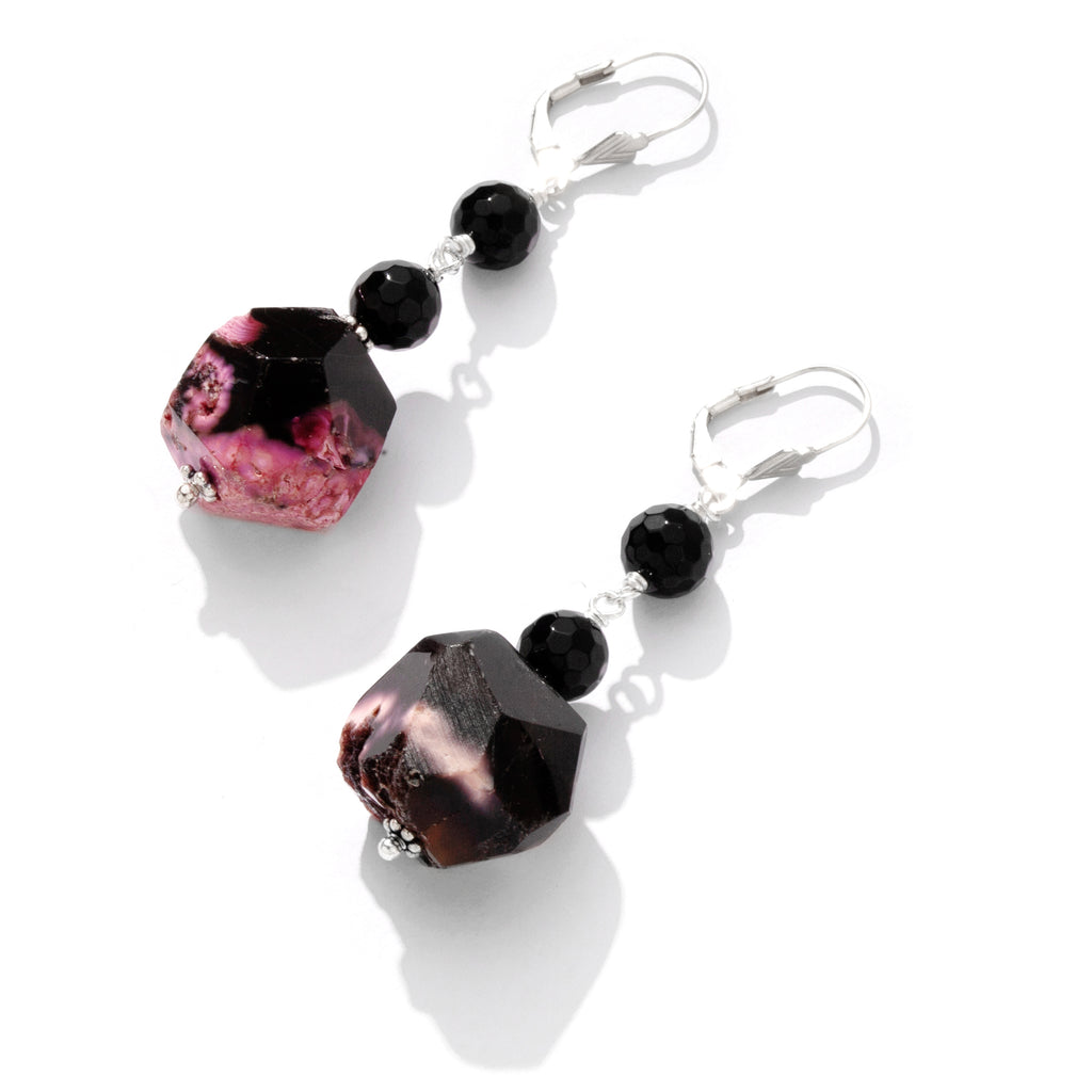 Striking Black & Pink Agate Sterling Silver Earrings