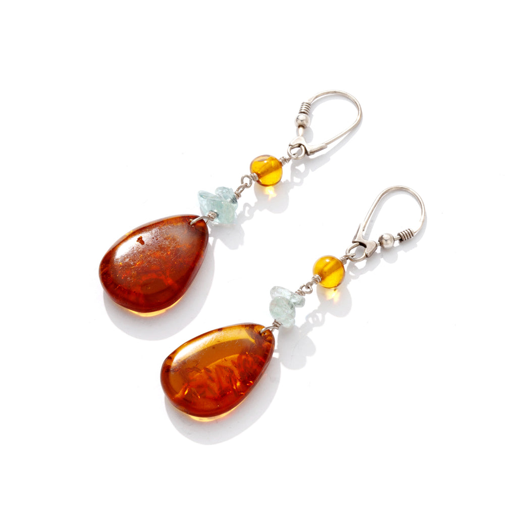 Lovely Polish Designer Cognac with Aquamarine Accents Sterling Silver Earrings