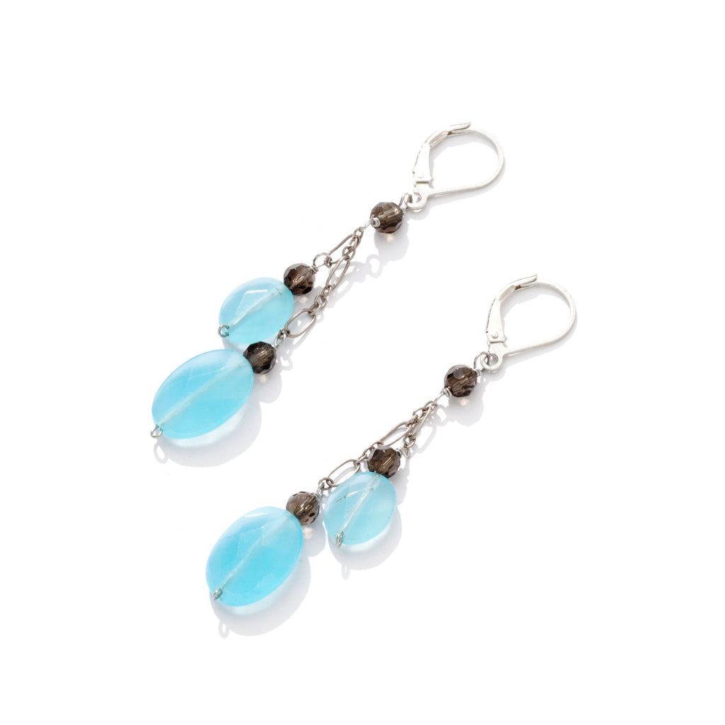 Beautiful Blue Jade & Smoky Quartz Sterling Silver Dangle Earrings