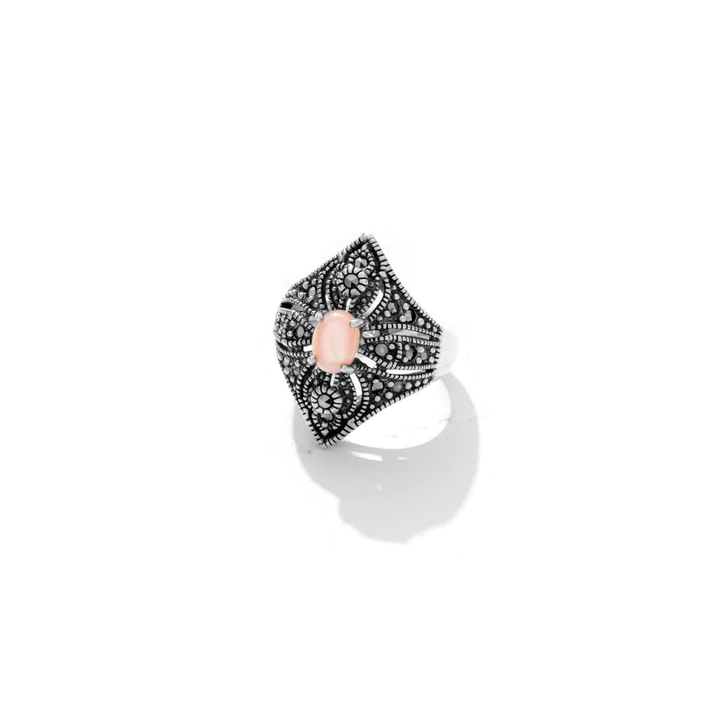 Stunning Floral pink shell Marcasite Sterling Silver Ring