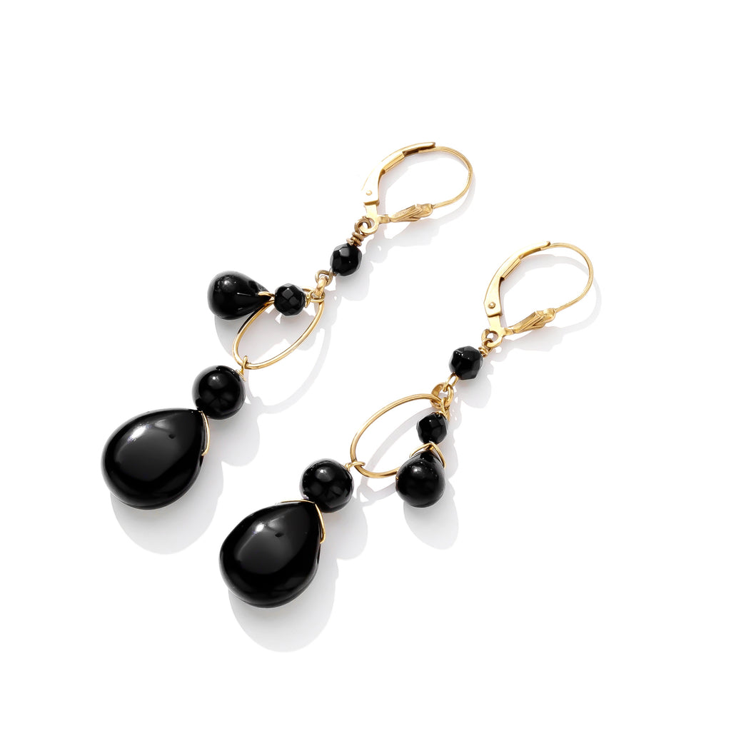 Swinging Black Onyx Gold Filled Statement Earrings