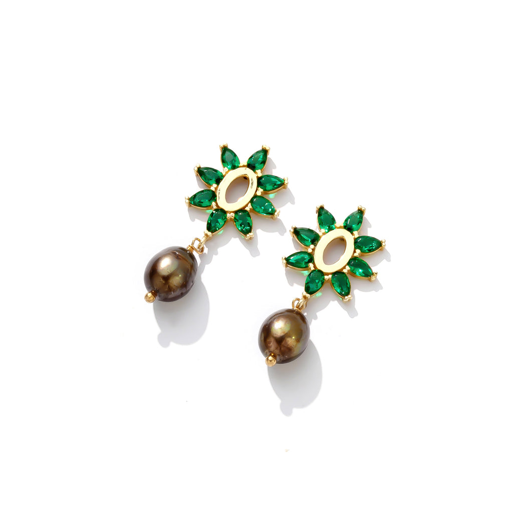 Beyond Gorgeous Crystal Green CZ and Gold Freshwater Pearl Earrings