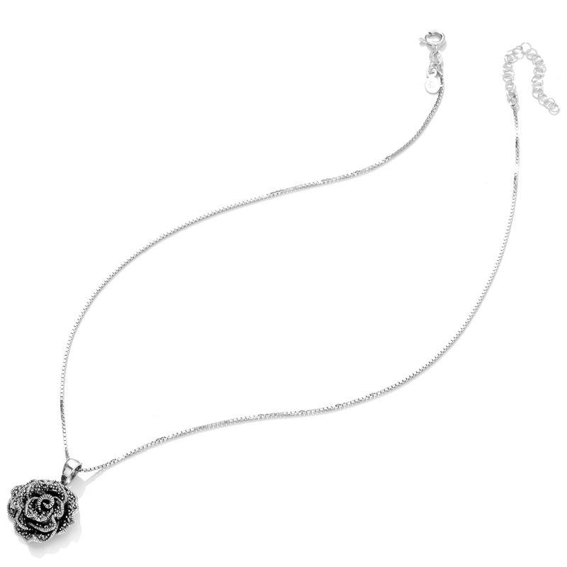 Beautiful Marcasite Rose Flower Sterling Silver Necklace