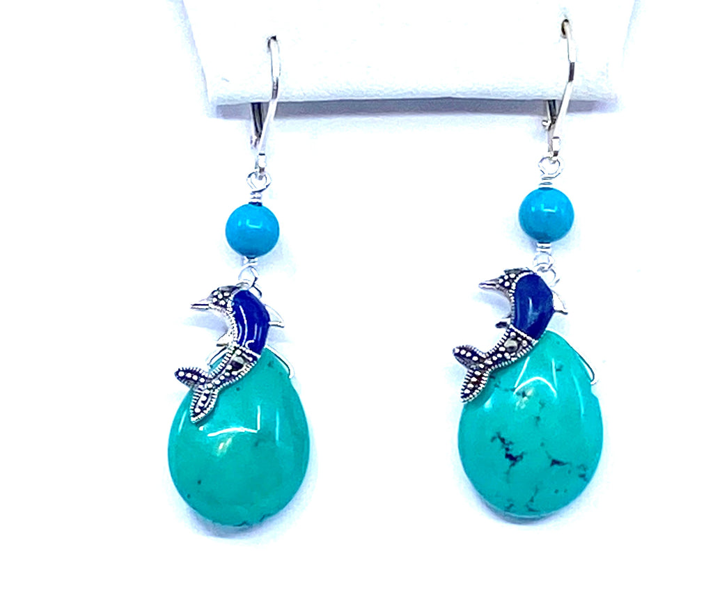 Adorable Dolphin Turquoise Marcasite Sterling Silver Earrings-2 sizes
